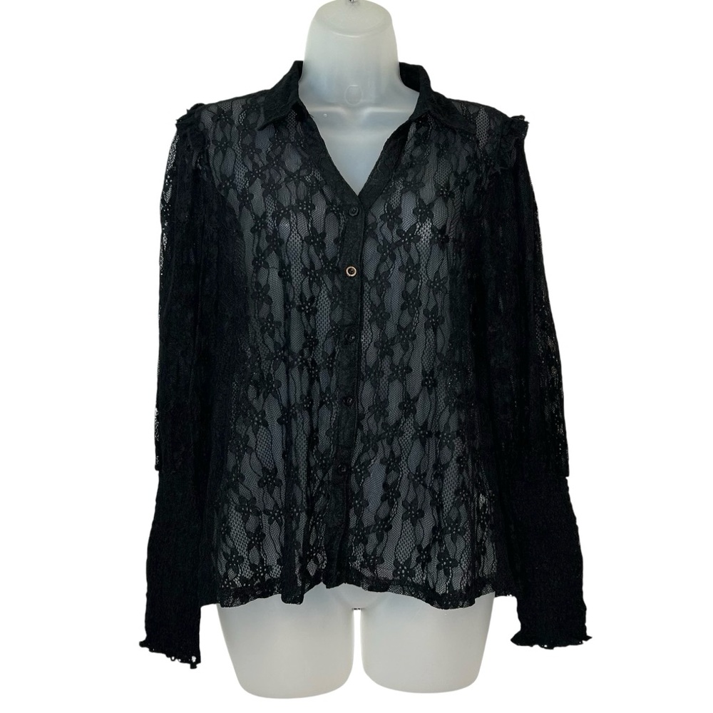 AMBER SKIES Women Size‎ M Black Sheer Lace Gothic Long Puff Sleeve Blouse Top